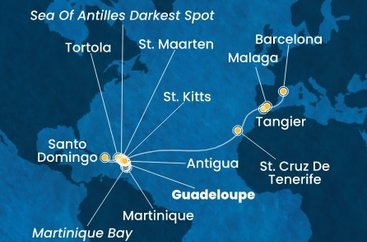 Guadeloupe, Svatý Kryštof a Nevis, Britské Panenské ostrovy, Dominikánská republika, Svatý Martin, Martinik, Antigua a Barbuda, Španělsko, Maroko z Pointe-à-Pitre na lodi Costa Favolosa