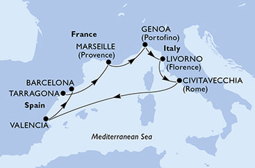 Španělsko, Francie, Itálie z Tarragony na lodi MSC Lirica