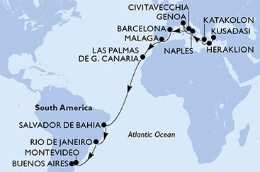 Turecko, Řecko, Itálie, Španělsko, Brazílie, Uruguay, Argentina z Kusadasi  na lodi MSC Splendida