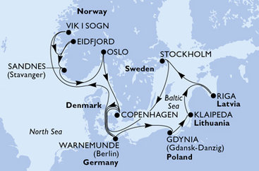 Německo, Polsko, Litva, Lotyšsko, Švédsko, Dánsko, Norsko z Warnemünde na lodi MSC Magnifica
