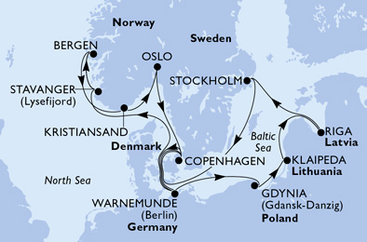 Německo, Norsko, Dánsko, Polsko, Litva, Lotyšsko, Švédsko z Warnemünde na lodi MSC Magnifica