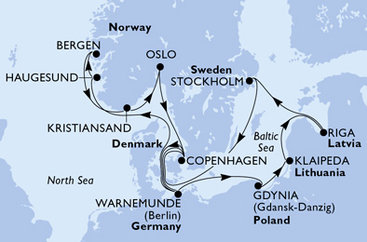 Německo, Polsko, Litva, Lotyšsko, Švédsko, Dánsko, Norsko z Warnemünde na lodi MSC Magnifica