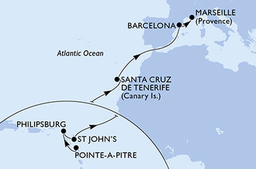 Guadeloupe, Svatý Martin, Antigua a Barbuda, Španělsko, Francie z Pointe-à-Pitre na lodi MSC World Asia