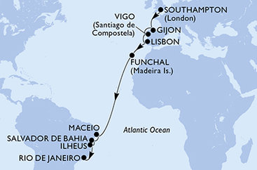 Velká Británie, Španělsko, Portugalsko, Brazílie ze Southamptonu na lodi MSC Meraviglia