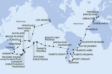 Francie, Španělsko, Velká Británie, Maroko, Kapverdy, Brazílie, Argentina, Zámořské území Velké Británie, Chile, Francouzská Polynésie, Cookovy ostrovy, Nový Zéland, Austrálie, Nová Kaledonie, Vanuatu, Samoa, Americká Samoa, USA z Marseille na lodi MSC Magnifica