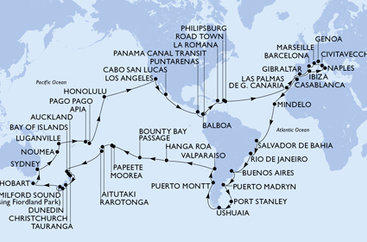 Francie, Španělsko, Velká Británie, Maroko, Kapverdy, Brazílie, Argentina, Zámořské území Velké Británie, Chile, Francouzská Polynésie, Cookovy ostrovy, Nový Zéland, Austrálie, Nová Kaledonie, Vanuatu, Samoa, Americká Samoa, USA, Mexiko, Kostarika, , Panama, Dominikánská republika, Britské Panenské ostrovy, Svatý Martin, Itálie z Marseille na lodi MSC Magnifica