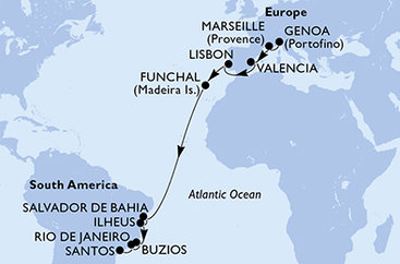 Itálie, Francie, Španělsko, Portugalsko, Brazílie z Janova na lodi MSC Musica