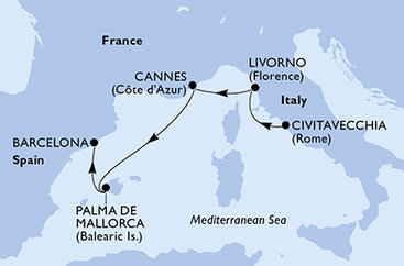 Itálie, Francie, Španělsko z Civitavecchia na lodi MSC Fantasia