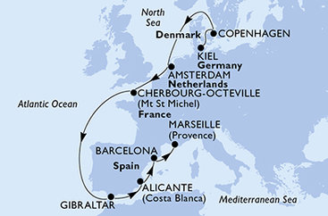 Německo, Dánsko, Nizozemsko, Francie, Velká Británie, Španělsko z Kielu na lodi MSC Euribia