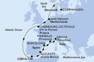 Dánsko, Nizozemsko, Francie, Velká Británie, Španělsko, Itálie z Kodaně na lodi MSC Euribia