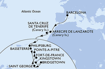 Španělsko, Svatý Martin, Svatý Kryštof a Nevis, Svatý Vincenc a Grenadiny, Barbados, Grenada, Martinik, Guadeloupe z Barcelony na lodi MSC World Europa