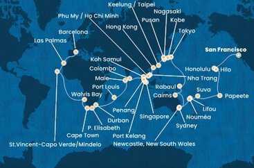 USA, Francouzská Polynésie, Fidži, Nová Kaledonie, Austrálie, Papua Nová Guinea, Japonsko, Jižní Korea, Tchaj-wan, Čína, Vietnam, Thajsko, Singapur, Malajsie, Srí Lanka, Maledivy, Mauricius, Jihoafrická republika, Namibie, Kapverdy, Španělsko ze San Francisca na lodi Costa Deliziosa