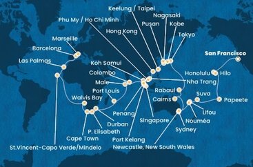 USA, Francouzská Polynésie, Fidži, Nová Kaledonie, Austrálie, Papua Nová Guinea, Japonsko, Jižní Korea, Tchaj-wan, Čína, Vietnam, Thajsko, Singapur, Malajsie, Srí Lanka, Maledivy, Mauricius, Jihoafrická republika, Namibie, Kapverdy, Španělsko, Francie ze San Francisca na lodi Costa Deliziosa