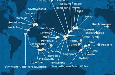 USA, Francouzská Polynésie, Fidži, Nová Kaledonie, Austrálie, Papua Nová Guinea, Japonsko, Jižní Korea, Tchaj-wan, Čína, Vietnam, Thajsko, Singapur, Malajsie, Srí Lanka, Maledivy, Mauricius, Jihoafrická republika, Namibie, Kapverdy, Španělsko, Francie, Itálie ze San Francisca na lodi Costa Deliziosa