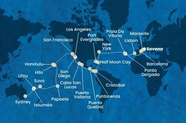Itálie, Francie, Španělsko, Portugalsko, USA, Bahamy, Panama, Kostarika, Guatemala, Mexiko, Francouzská Polynésie, Fidži, Nová Kaledonie, Austrálie ze Savony na lodi Costa Deliziosa