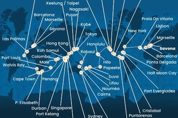 Itálie, Francie, Španělsko, Portugalsko, USA, Bahamy, Panama, Kostarika, Guatemala, Mexiko, Francouzská Polynésie, Fidži, Nová Kaledonie, Austrálie, Papua Nová Guinea, Japonsko, Jižní Korea, Tchaj-wan, Čína, Vietnam, Thajsko, Singapur, Malajsie, Srí Lanka, Maledivy, Mauricius, Jihoafrická republika, Namibie, Kapverdy ze Savony na lodi Costa Deliziosa