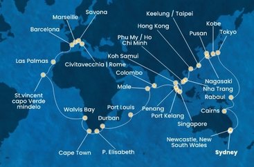 Austrálie, Papua Nová Guinea, Japonsko, Jižní Korea, Tchaj-wan, Čína, Vietnam, Thajsko, Singapur, Malajsie, Srí Lanka, Maledivy, Mauricius, Jihoafrická republika, Namibie, Kapverdy, Španělsko, Francie, Itálie ze Sydney na lodi Costa Deliziosa