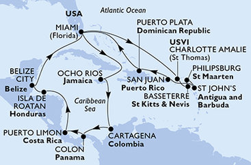 USA, Jamajka, Kolumbie, Panama, Kostarika, Honduras, Belize, Svatý Kryštof a Nevis, Svatý Martin, Antigua a Barbuda, Dominikánská republika z Miami na lodi MSC Poesia