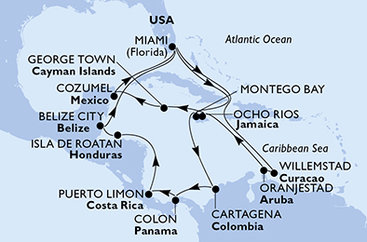 USA, Jamajka, Kolumbie, Panama, Kostarika, Honduras, Belize, Curacao, Aruba, Kajmanské ostrovy, Mexiko z Miami na lodi MSC Poesia