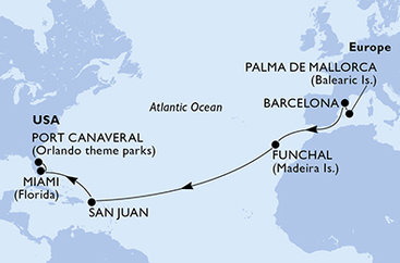 Španělsko, Portugalsko, USA z Palmy de Mallorca na lodi MSC Grandiosa