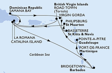 Martinik, Guadeloupe, Britské Panenské ostrovy, Dominikánská republika, Zámořské území Velké Británie, Svatý Kryštof a Nevis, Svatý Martin, Barbados z Fort-de-France na lodi MSC Opera