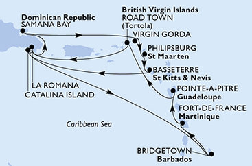 Martinik, Guadeloupe, Britské Panenské ostrovy, Dominikánská republika, Zámořské území Velké Británie, Svatý Martin, Svatý Kryštof a Nevis, Barbados z Fort-de-France na lodi MSC Opera