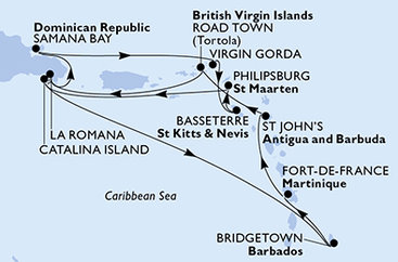 Barbados, Martinik, Antigua a Barbuda, Britské Panenské ostrovy, Dominikánská republika, Zámořské území Velké Británie, Svatý Kryštof a Nevis, Svatý Martin z Bridgetownu na lodi MSC Opera