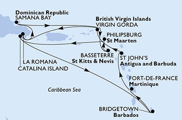 Barbados, Martinik, Antigua a Barbuda, Zámořské území Velké Británie, Dominikánská republika, Svatý Kryštof a Nevis, Svatý Martin z Bridgetownu na lodi MSC Opera