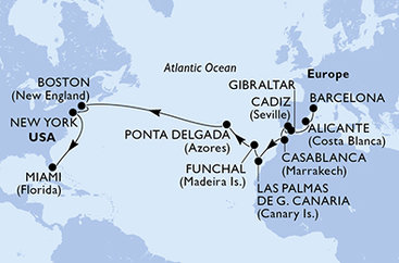 Španělsko, Velká Británie, Maroko, Portugalsko, USA z Barcelony na lodi MSC Meraviglia