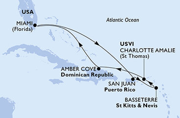 USA, Svatý Kryštof a Nevis, Dominikánská republika z Miami na lodi MSC Meraviglia