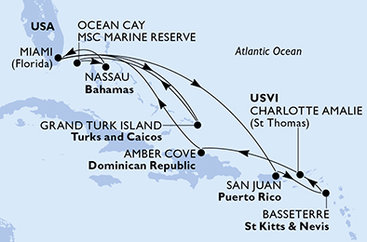 USA, Svatý Kryštof a Nevis, Dominikánská republika, Zámořské území Velké Británie, Bahamy z Miami na lodi MSC Meraviglia