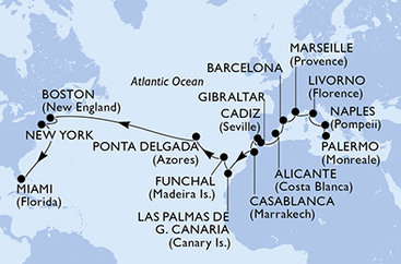 Itálie, Francie, Španělsko, Velká Británie, Maroko, Portugalsko, USA z Palerma na lodi MSC Meraviglia