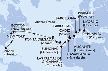 Itálie, Francie, Španělsko, Velká Británie, Maroko, Portugalsko, USA z Neapole na lodi MSC Meraviglia