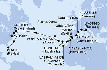Itálie, Francie, Španělsko, Velká Británie, Maroko, Portugalsko, USA z Livorna na lodi MSC Meraviglia