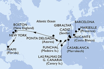 Francie, Španělsko, Velká Británie, Maroko, Portugalsko, USA z Marseille na lodi MSC Meraviglia