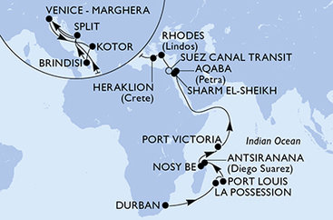 Jihoafrická republika, Reunion, Mauricius, Madagaskar, Seychely, Jordánsko, Egypt, Řecko, Chorvatsko, Itálie, Černá Hora z Durbanu na lodi MSC Armonia