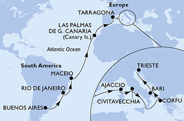 Argentina, Brazílie, Španělsko, Francie, Itálie, Řecko z Buenos Aires na lodi MSC Splendida