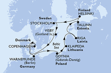 Německo, Polsko, Litva, Lotyšsko, Estonsko, Finsko, Švédsko, Dánsko z Warnemünde na lodi MSC Magnifica