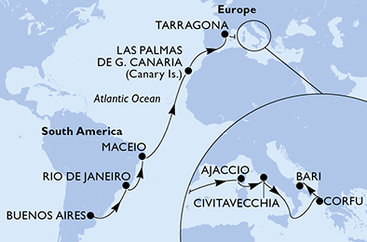 Argentina, Brazílie, Španělsko, Francie, Itálie, Řecko z Buenos Aires na lodi MSC Splendida