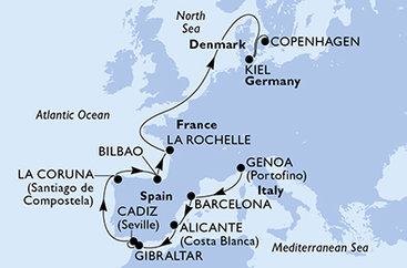 Itálie, Španělsko, Velká Británie, Francie, Německo, Dánsko z Janova na lodi MSC Euribia