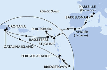 Francie, Španělsko, Maroko, Antigua a Barbuda, Svatý Martin, Svatý Kryštof a Nevis, Dominikánská republika, Barbados, Martinik z Marseille na lodi MSC Opera