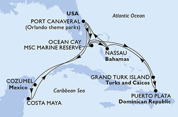 USA, Bahamy, Mexiko, Zámořské území Velké Británie, Dominikánská republika z Port Canaveralu na lodi MSC World Atlantic
