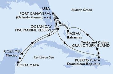 USA, Bahamy, Dominikánská republika, Zámořské území Velké Británie, Mexiko z Port Canaveralu na lodi MSC World Atlantic