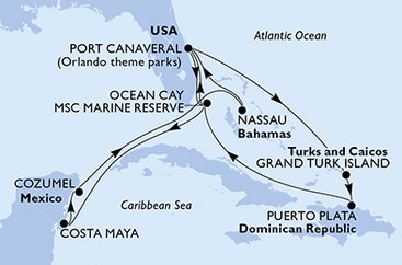 USA, Zámořské území Velké Británie, Dominikánská republika, Bahamy, Mexiko z Port Canaveralu na lodi MSC World Atlantic