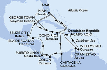 USA, Jamajka, Kolumbie, Panama, Kostarika, Honduras, Belize, Aruba, Curacao, Dominikánská republika, Kajmanské ostrovy z Miami na lodi MSC Poesia