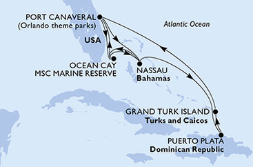 USA, Bahamy, Dominikánská republika, Zámořské území Velké Británie z Port Canaveralu na lodi MSC Grandiosa