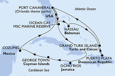 USA, Bahamy, Dominikánská republika, Zámořské území Velké Británie, Jamajka, Kajmanské ostrovy, Mexiko z Port Canaveralu na lodi MSC Grandiosa