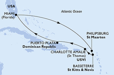 USA, Svatý Martin, Svatý Kryštof a Nevis, Dominikánská republika z Miami na lodi MSC Seashore