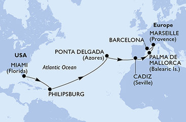USA, Svatý Martin, Portugalsko, Španělsko, Francie z Miami na lodi MSC Seashore