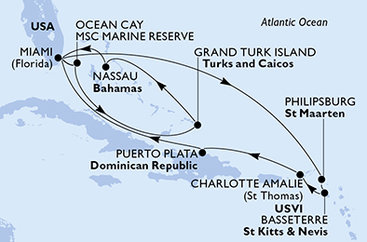 USA, Svatý Martin, Svatý Kryštof a Nevis, Dominikánská republika, Bahamy, Zámořské území Velké Británie z Miami na lodi MSC Seashore